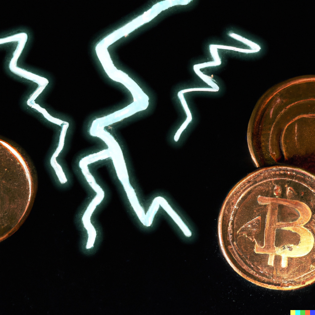 Bitcoin Münzen mit Blitzen in der Mitte vom Bild